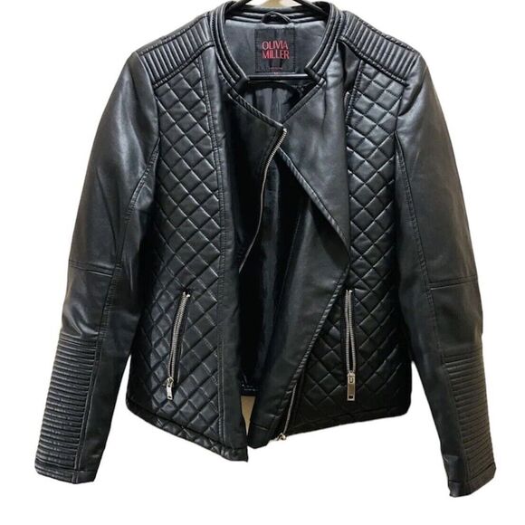 Olivia Miller Faux Leather Zip Up Moto Biker Jacket Medium Black Size 1X Junior - Picture 2 of 8